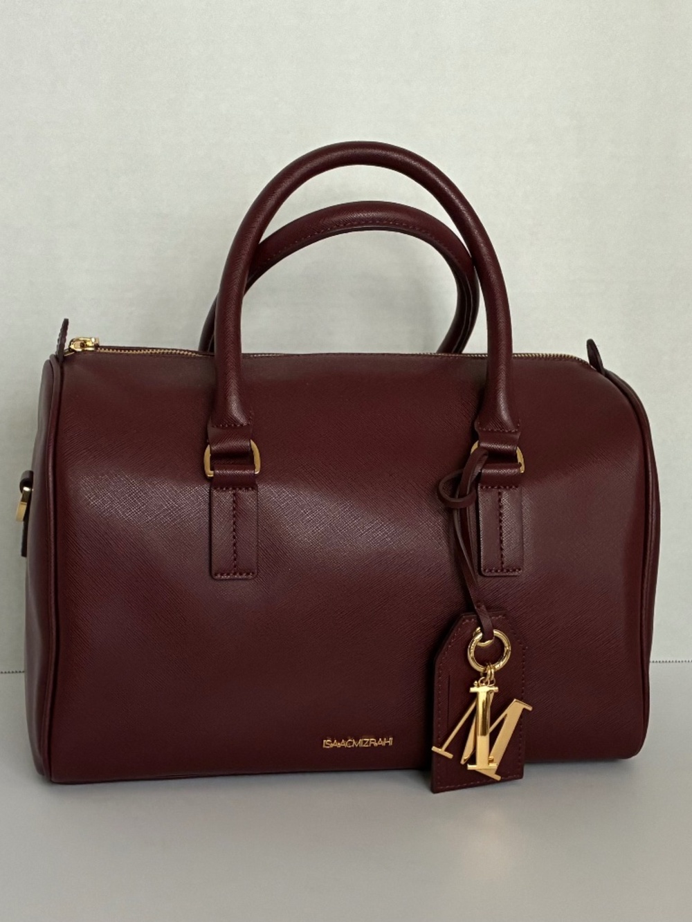 Isaac Mizrahi Burgundy Saffiano Leather Speedy/Boston Satchel Bag